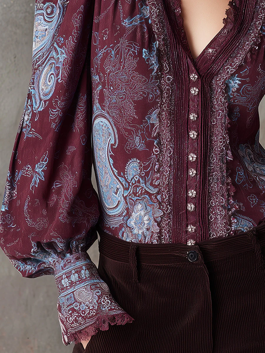 Bohemian Paisley Pattern Lace Puff Sleeves Mixed Cotton Blouse - Image 3