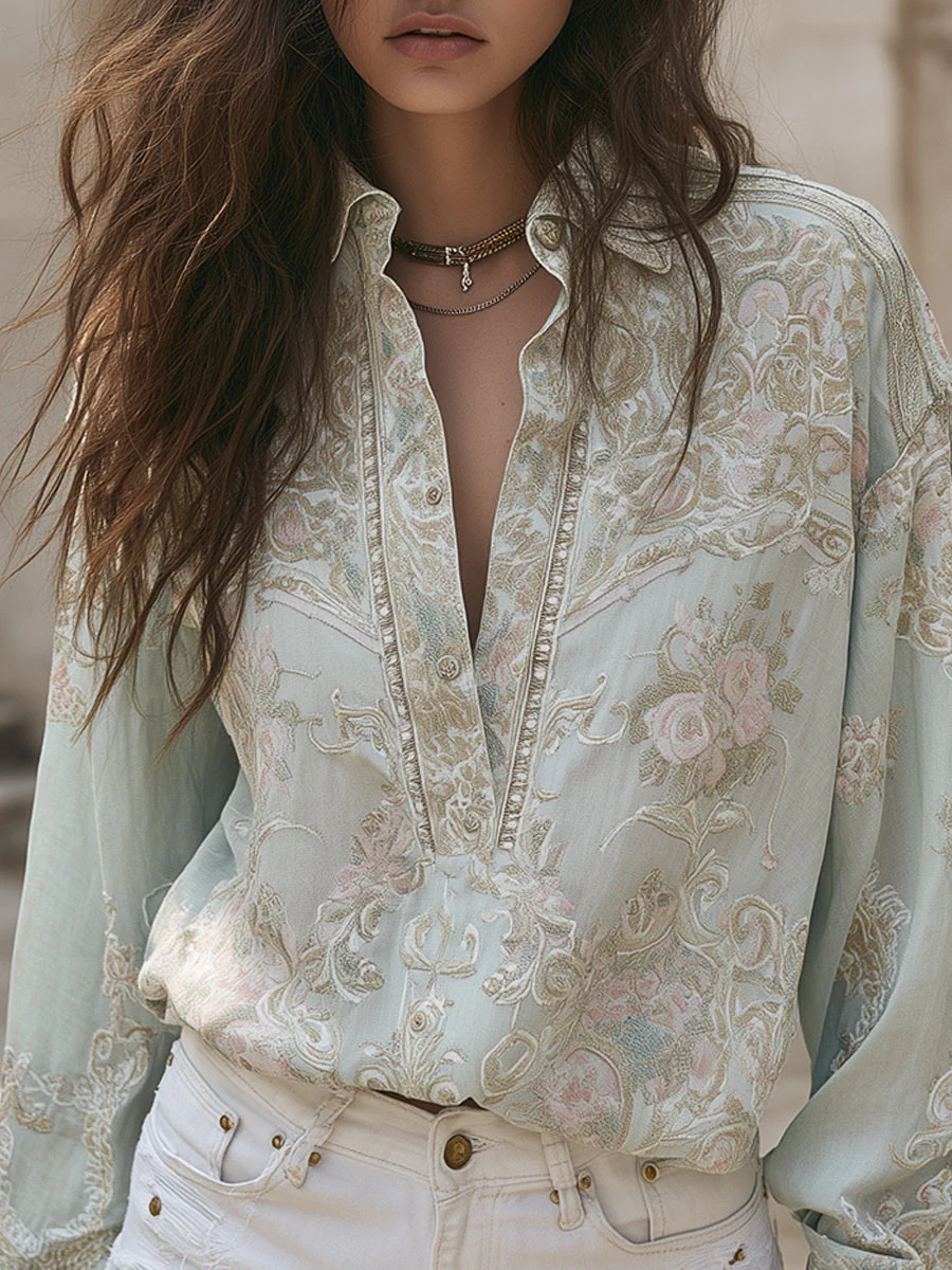 Bohemian Paisley Print Half-buttoned Cotton Blend Blouse - Image 2