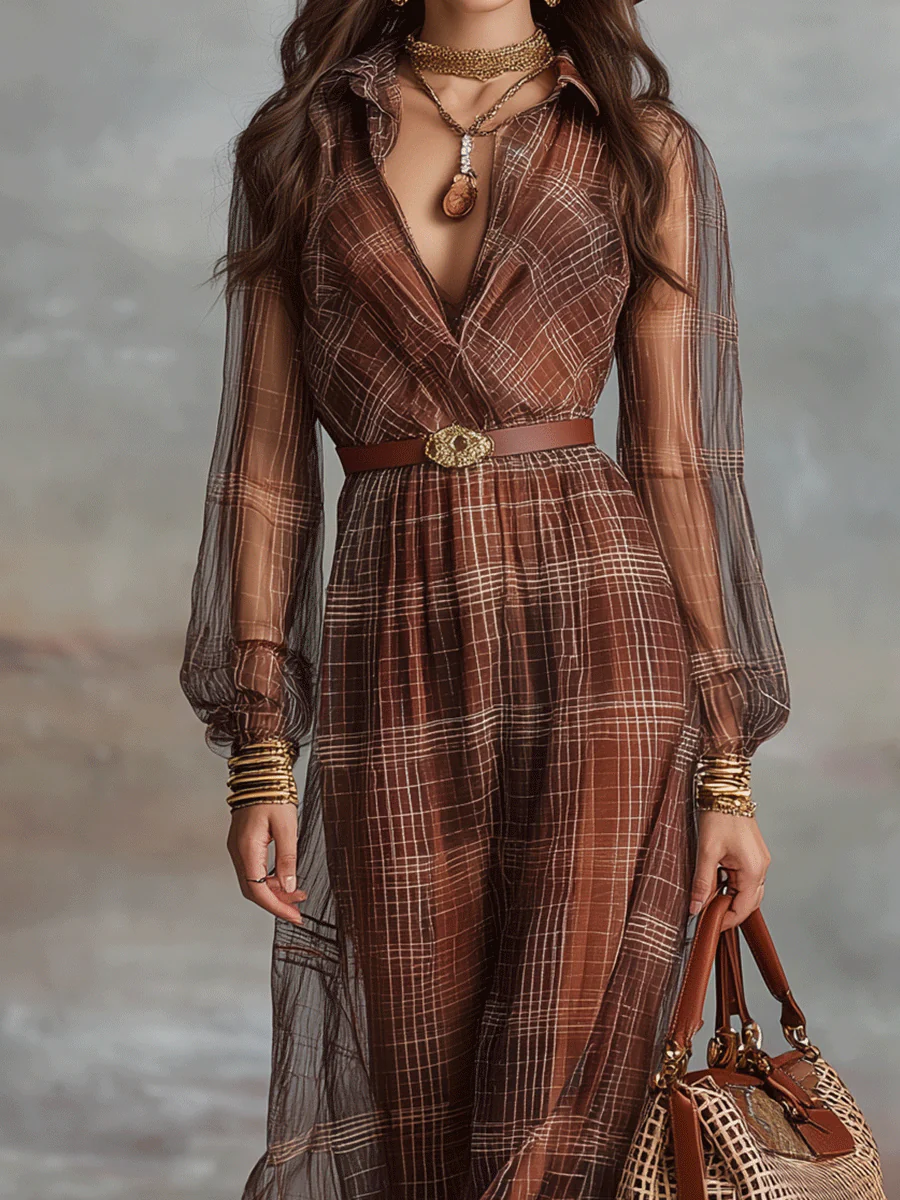 Bohemian Plaid Print Chiffon Maxi Dress - Image 2