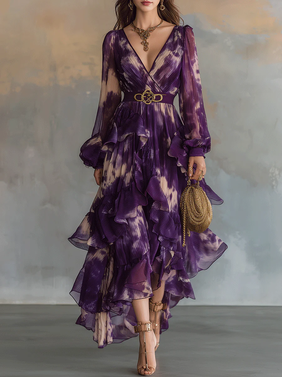Bohemian Purple Ruffle Chiffon Maxi Dress