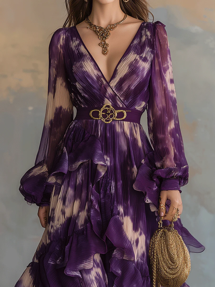Bohemian Purple Ruffle Chiffon Maxi Dress - Image 2