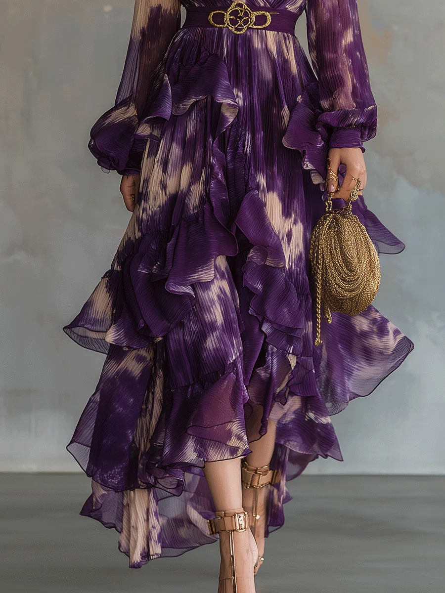 Bohemian Purple Ruffle Chiffon Maxi Dress - Image 3