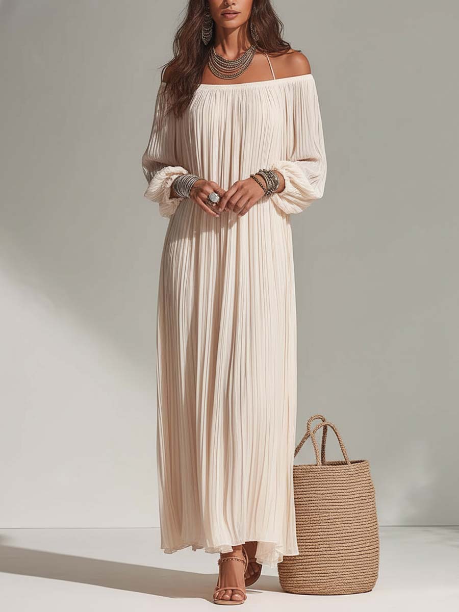 Bohemian Resort Pleated Ivory Off-Shoulder Maxi Dress - Image 2
