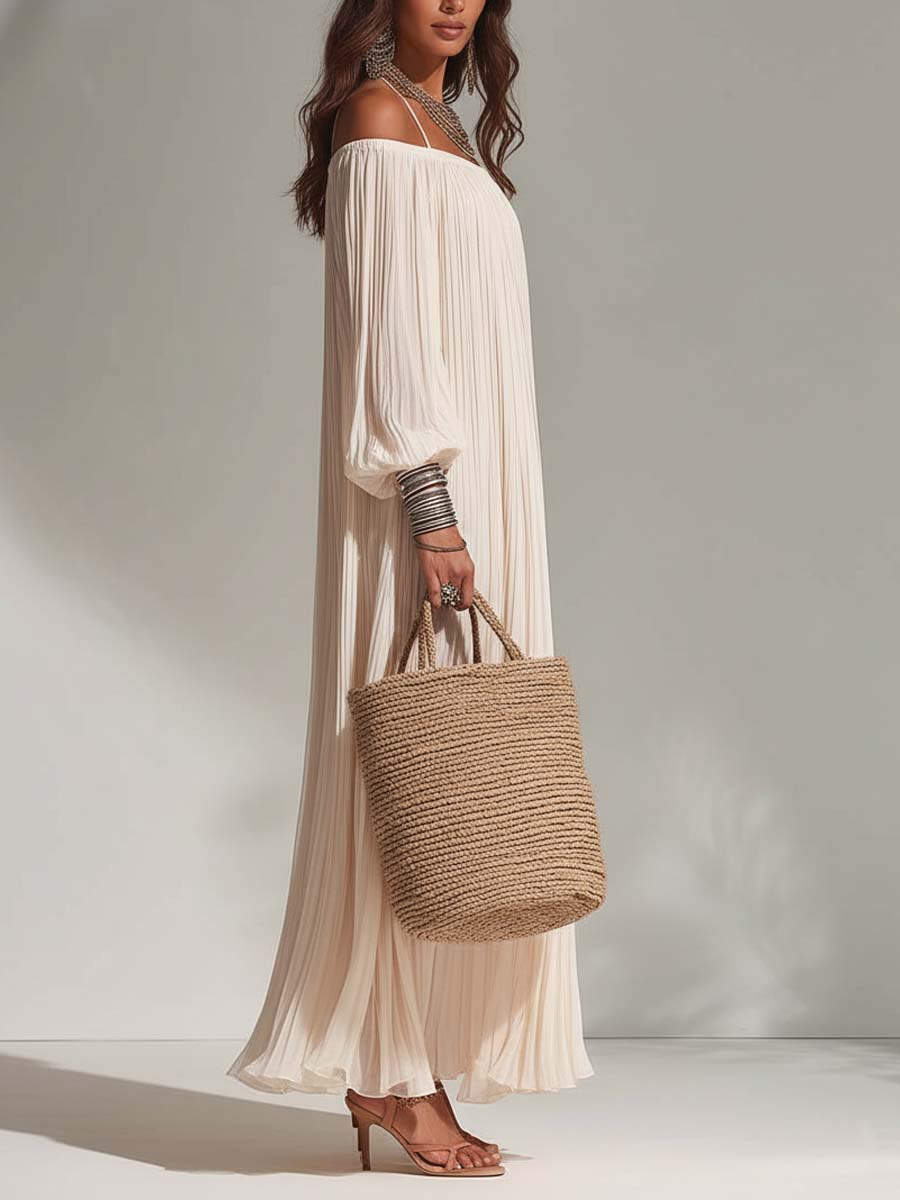Bohemian Resort Pleated Ivory Off-Shoulder Maxi Dress - Image 3