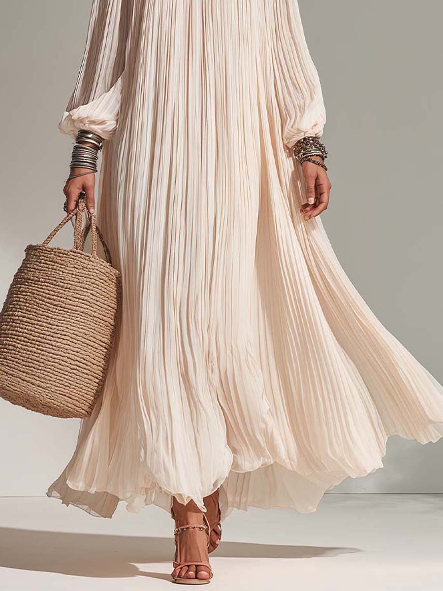 Bohemian Resort Pleated Ivory Off-Shoulder Maxi Dress - Image 6