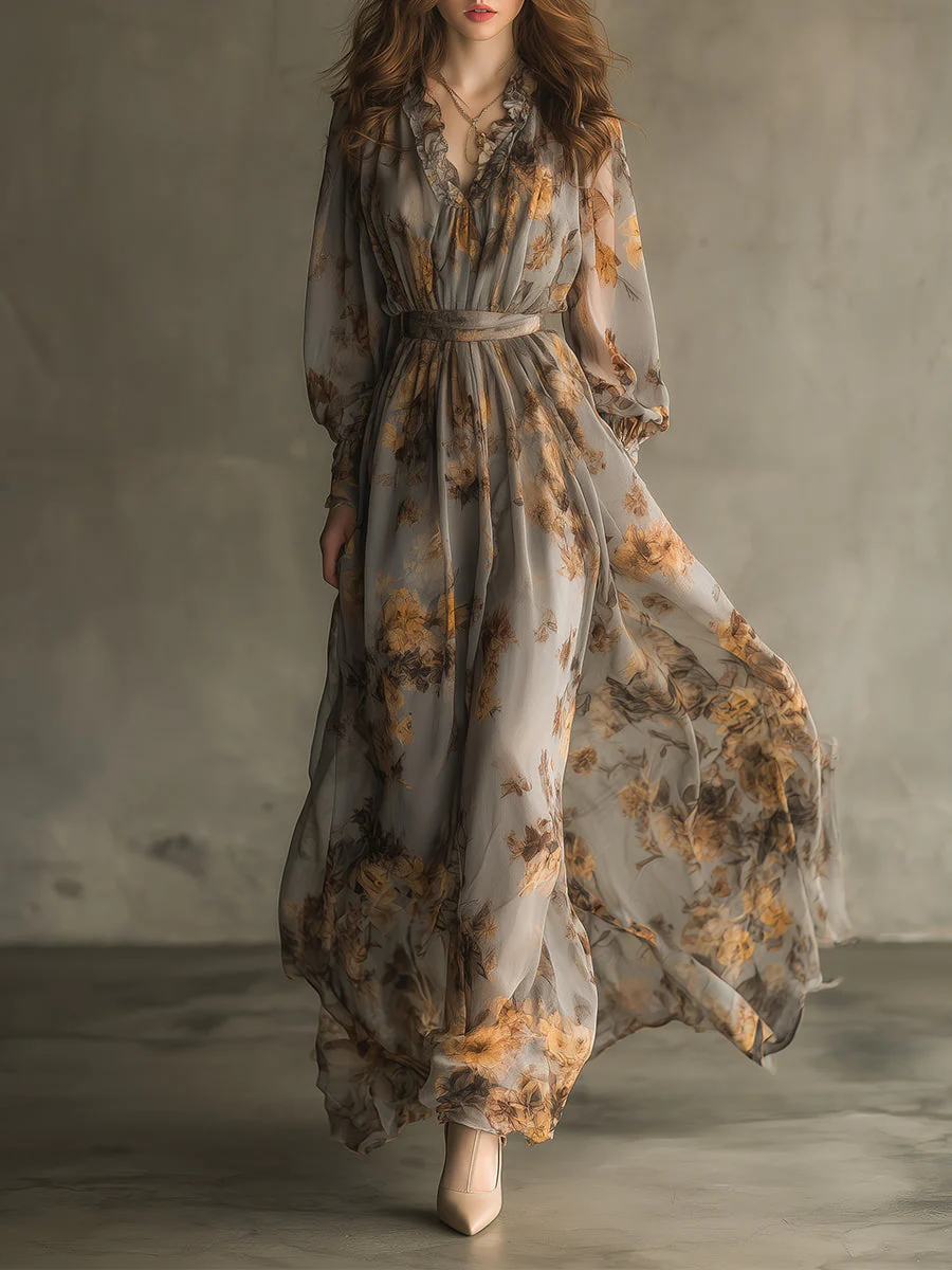Bohemian Retro Floral Chiffon Ruffle Neckline Maxi Dress
