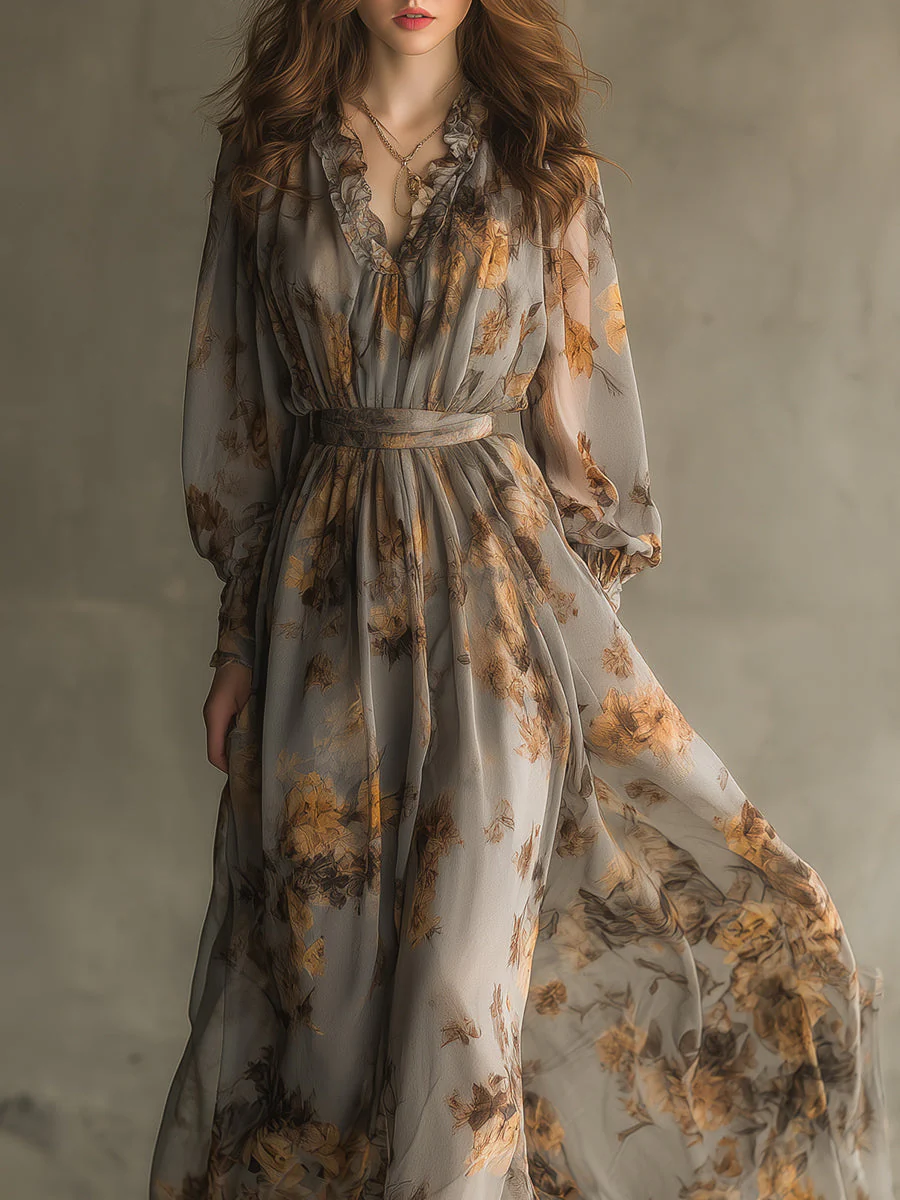 Bohemian Retro Floral Chiffon Ruffle Neckline Maxi Dress - Image 2