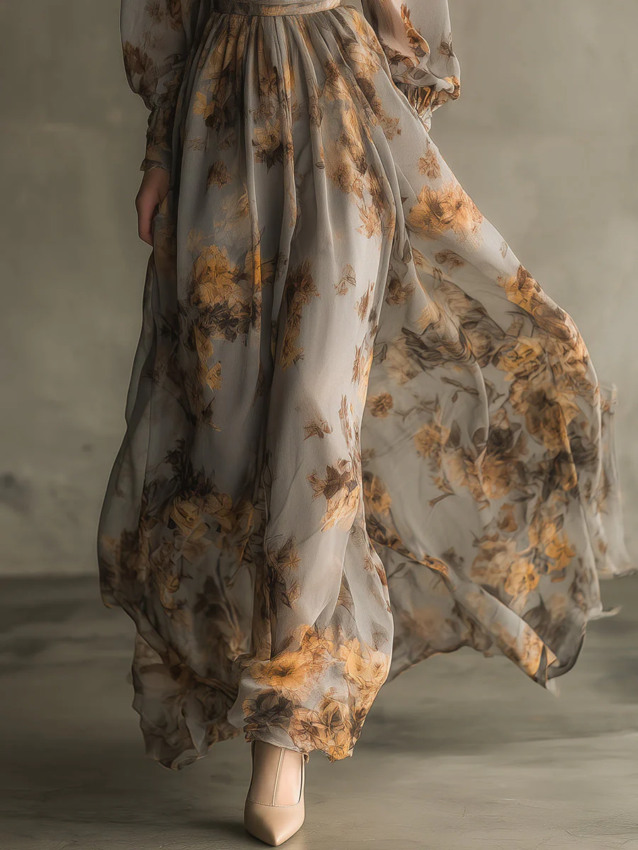 Bohemian Retro Floral Chiffon Ruffle Neckline Maxi Dress - Image 3
