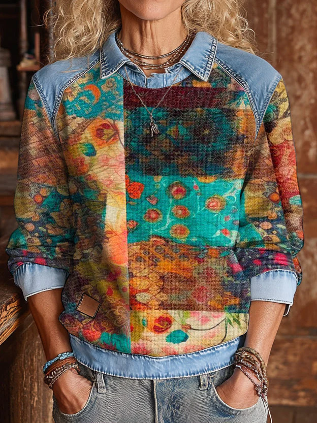 Bohemian Retro Floral Patchwork Art Print Casual Cotton Sweatshirt