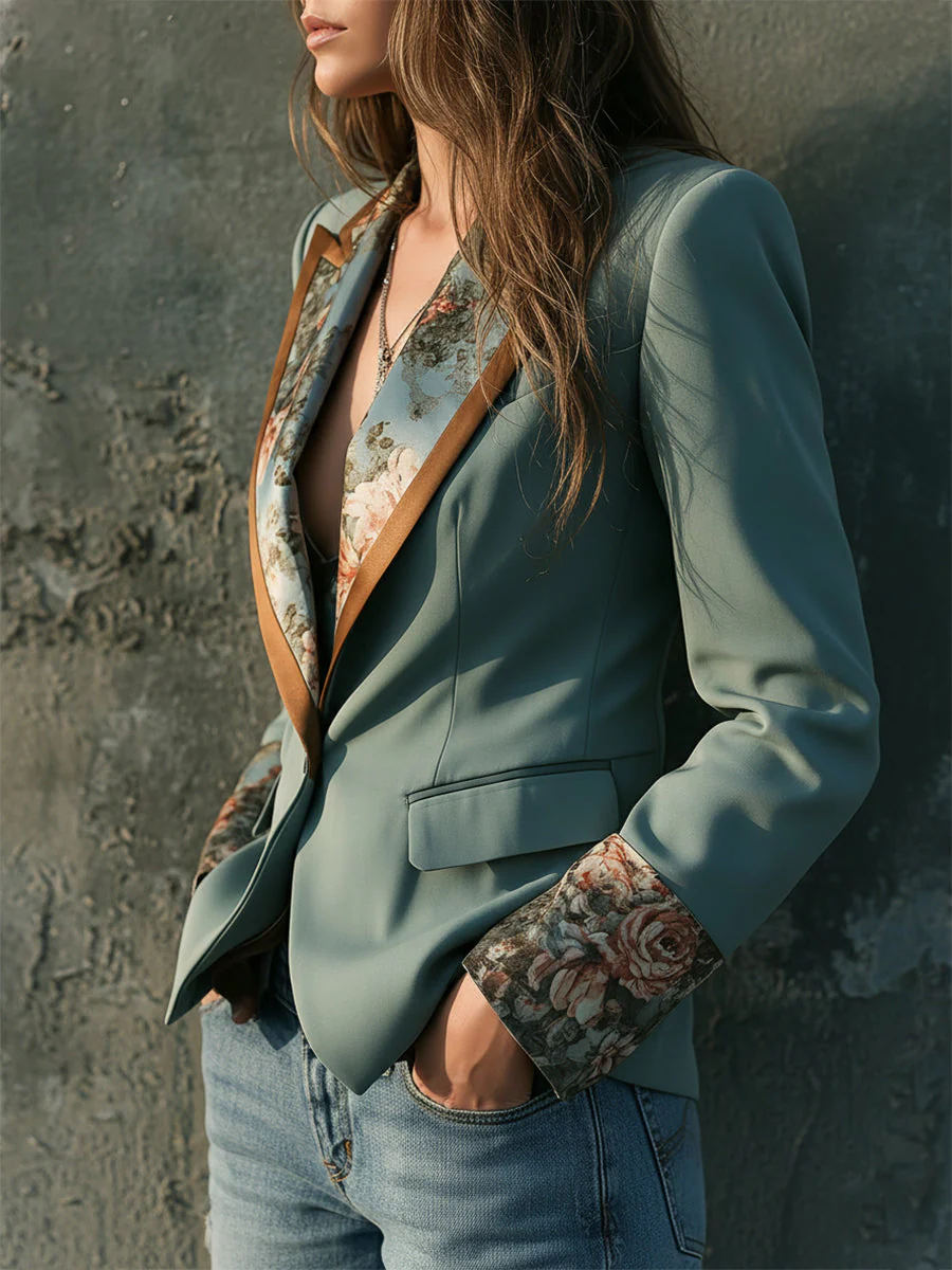 Bohemian Retro Oil Painting Print One Button Blazer - Image 2