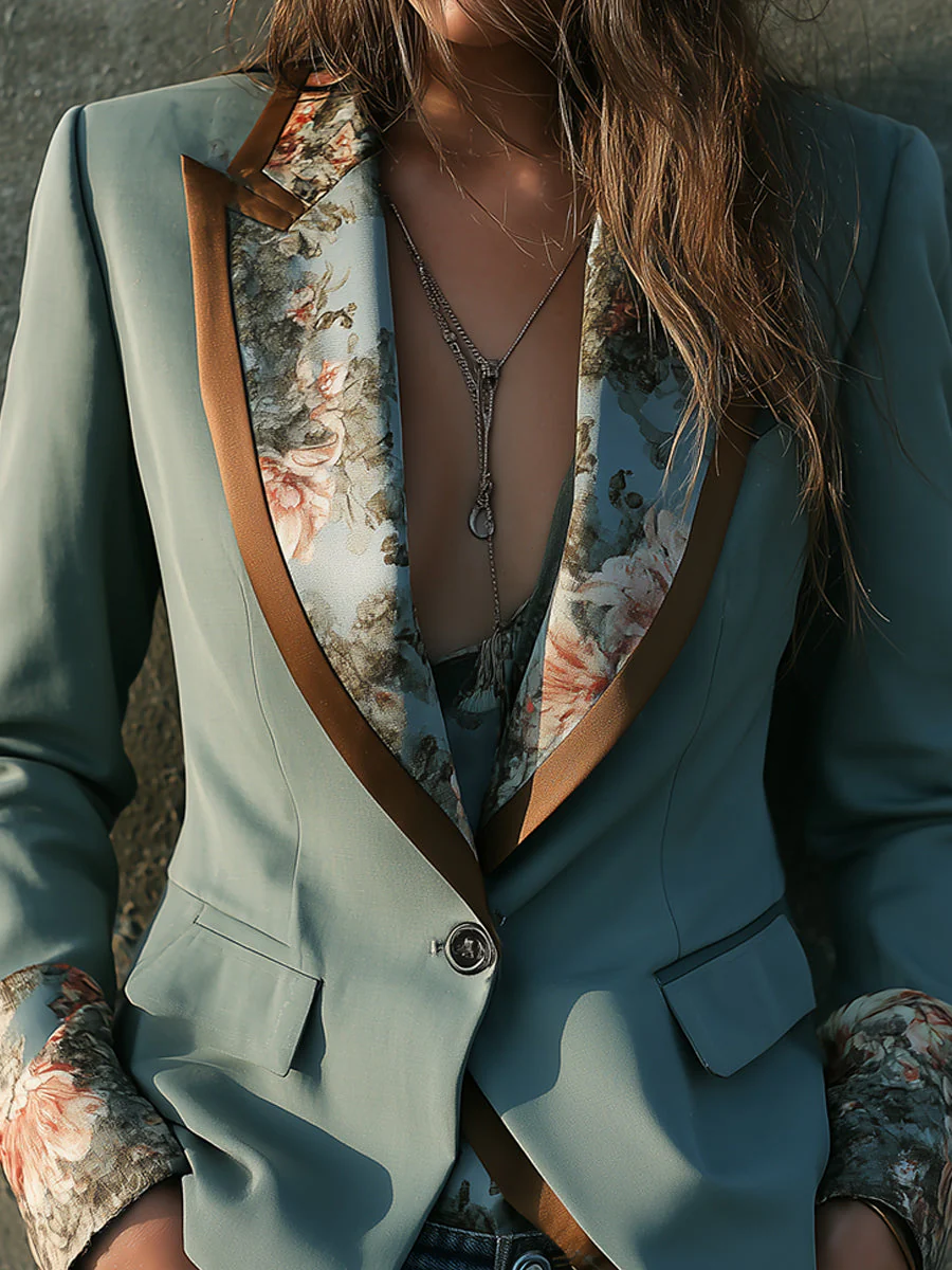 Bohemian Retro Oil Painting Print One Button Blazer - Image 5
