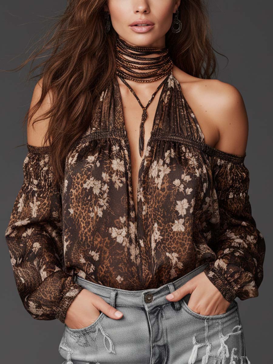 Bohemian Retro Wild Mocha Floral Halter Neck Blouse - Image 2
