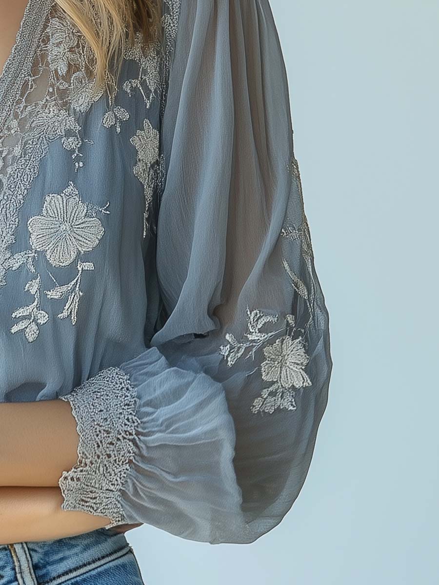 Bohemian Sheer Embroidered Lace Blouse - Image 4
