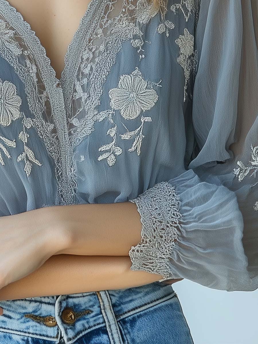Bohemian Sheer Embroidered Lace Blouse - Image 6