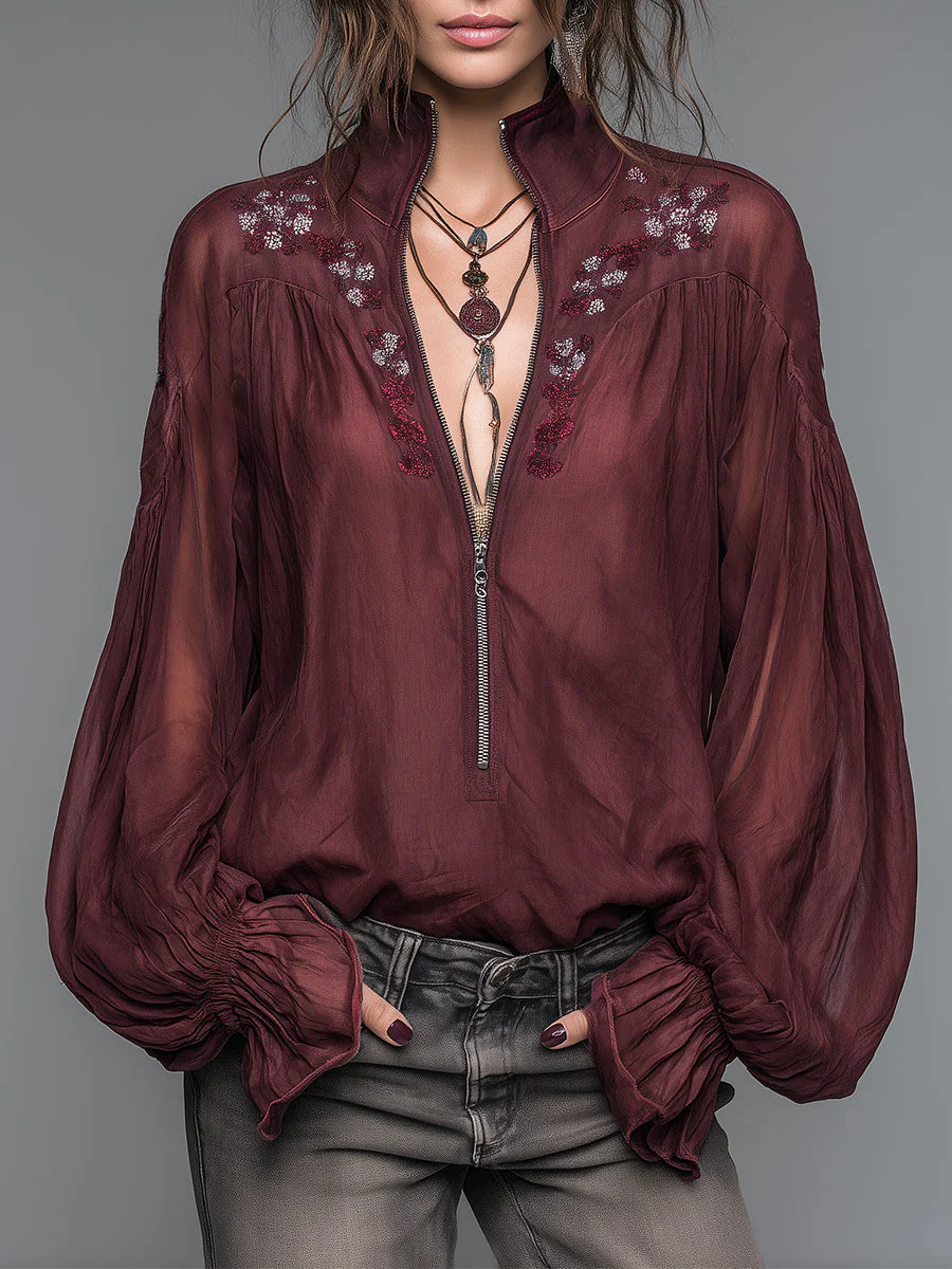 Bohemian Style Blouse With Front Zipper And Embroidery