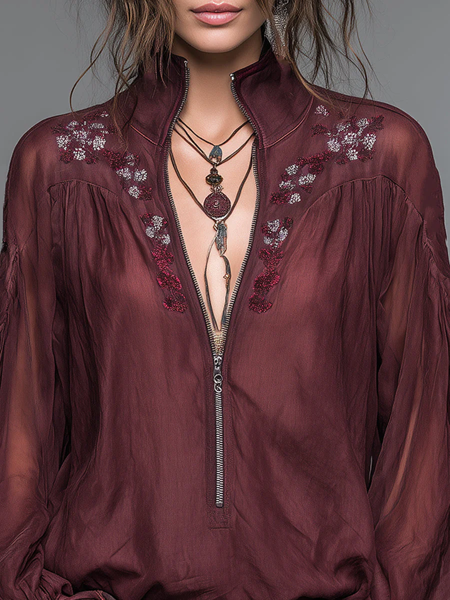 Bohemian Style Blouse With Front Zipper And Embroidery - Image 2