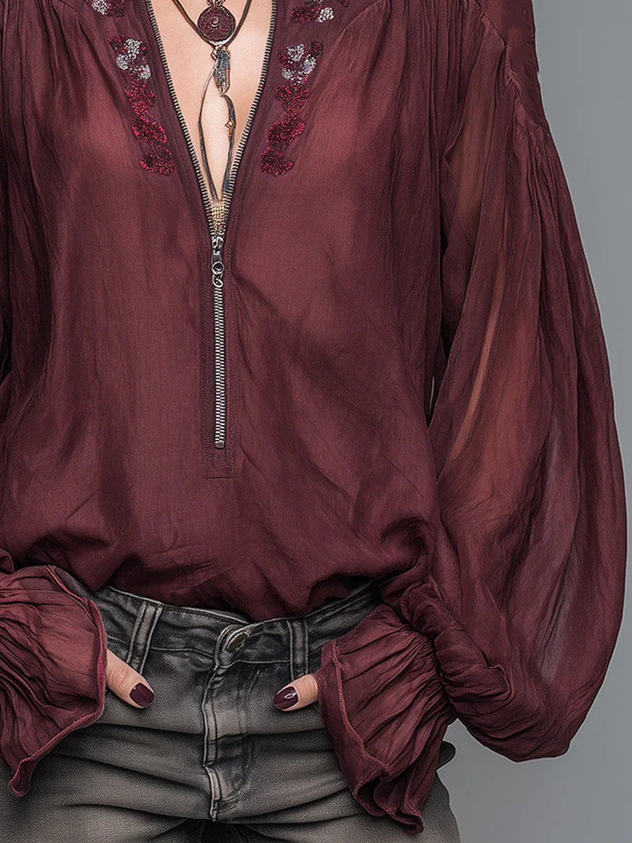 Bohemian Style Blouse With Front Zipper And Embroidery - Image 3
