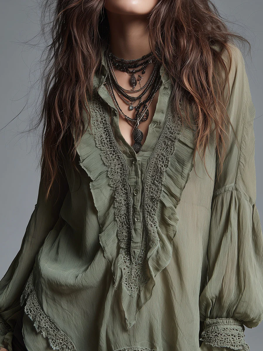 Bohemian-style Chiffon Blouse With Lace Trim - Image 2