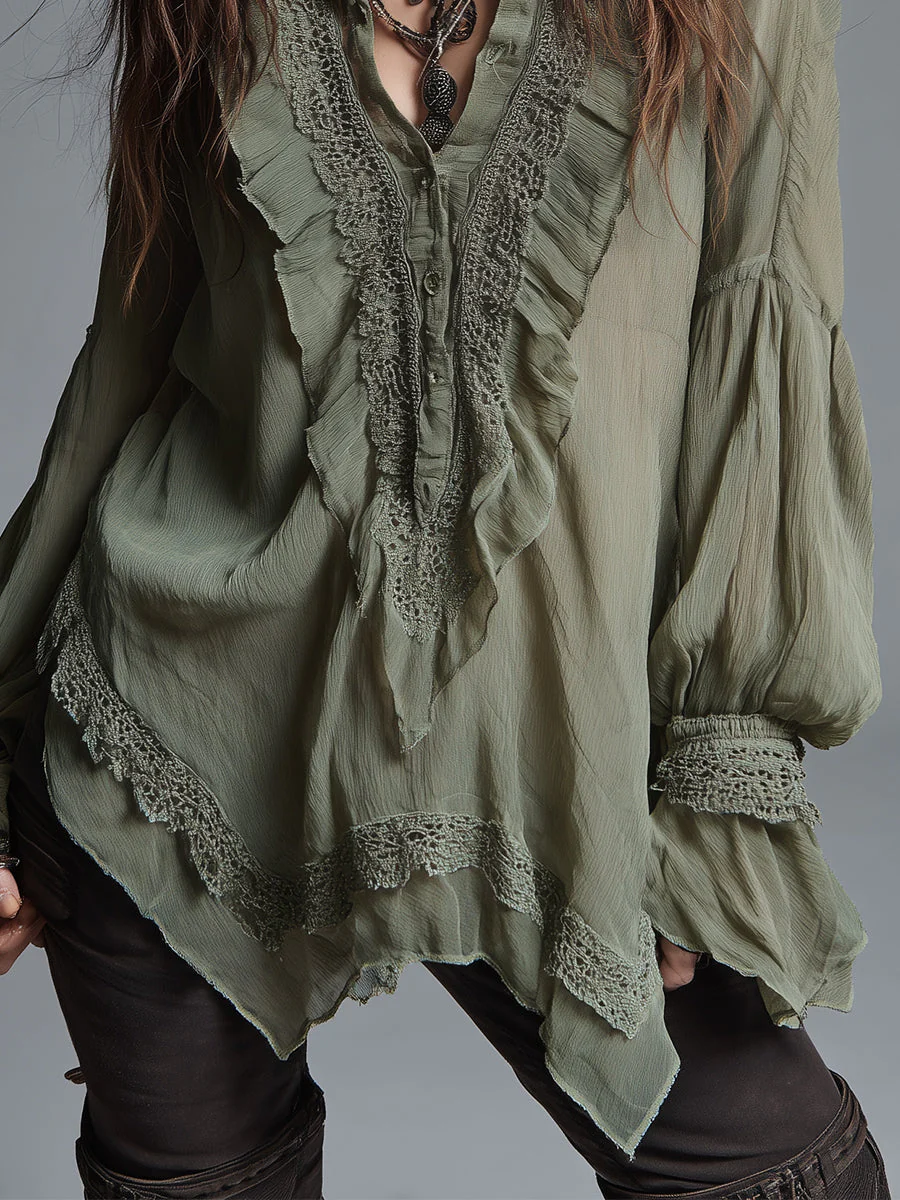 Bohemian-style Chiffon Blouse With Lace Trim - Image 3