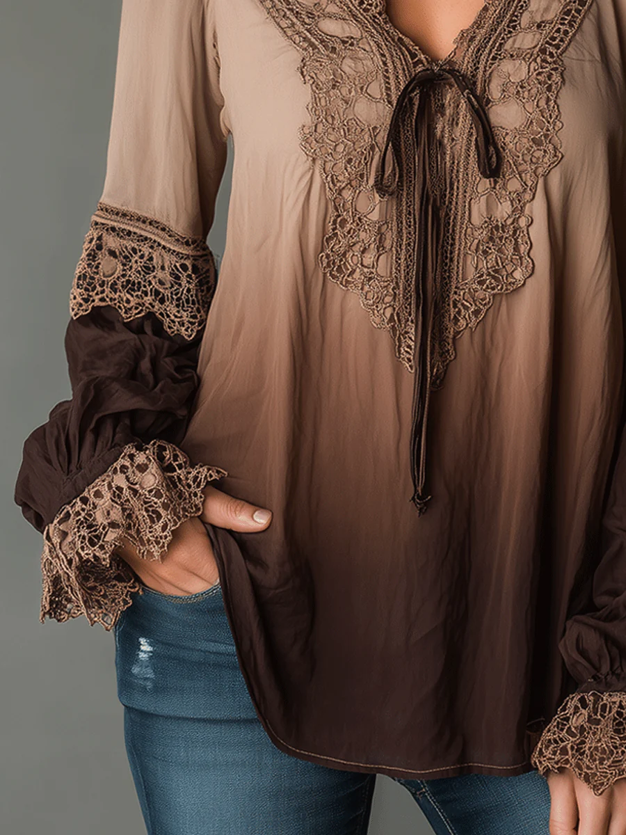Bohemian Style Gradient Lace Pastoral Style Shirt - Image 3
