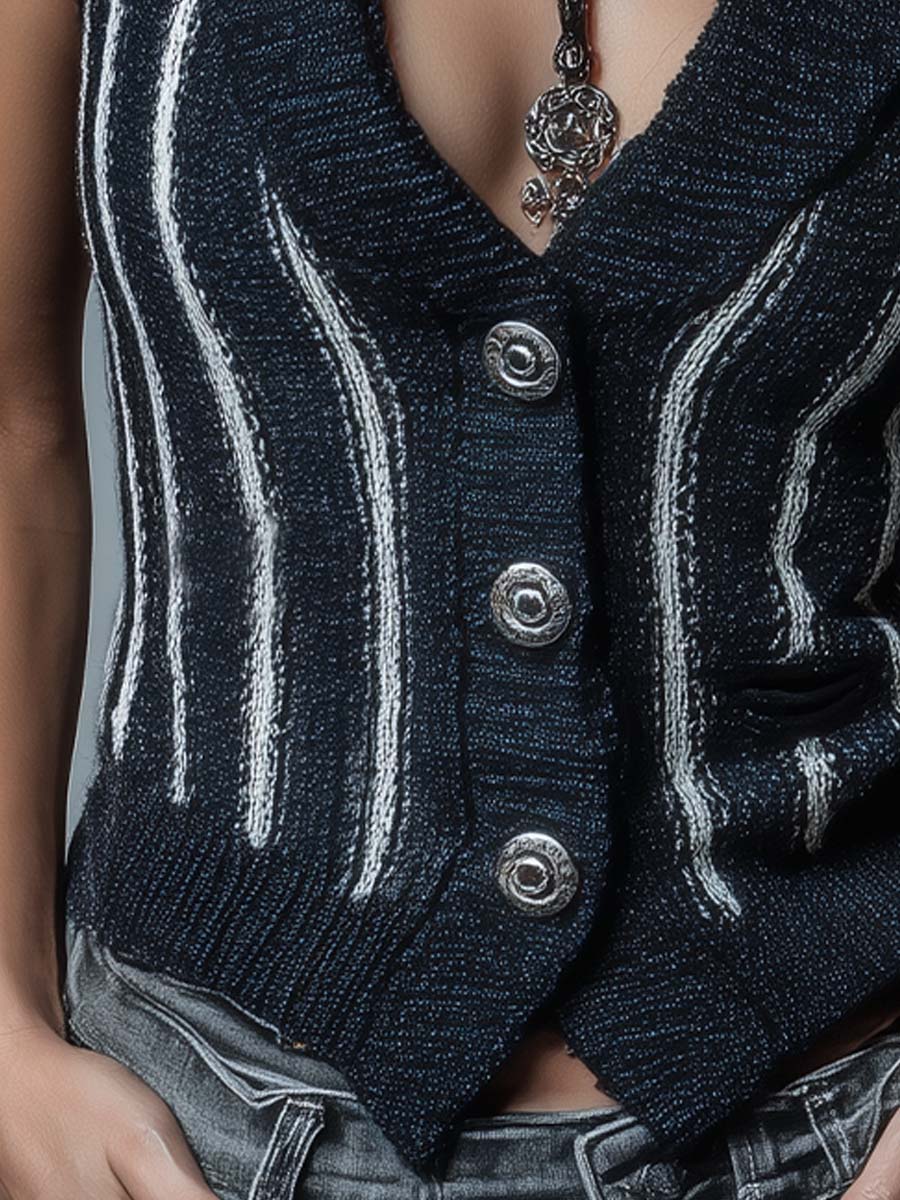 Bohemian Style Navy Blue Contrast Striped Knitted Slim Vest - Image 2