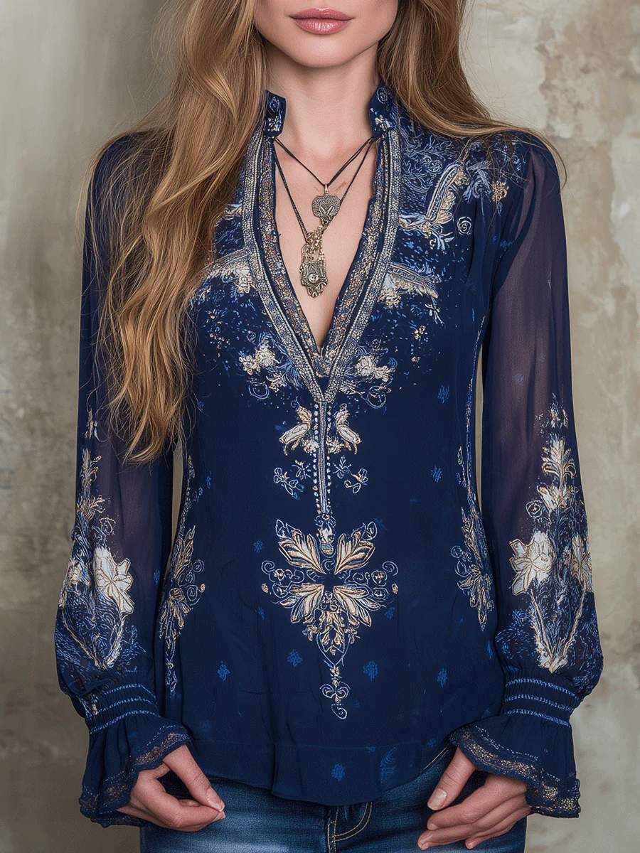 Bohemian Style Navy Blue Printed Chiffon Lace Trim Blouse