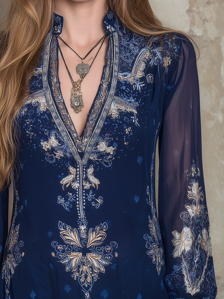 Bohemian Style Navy Blue Printed Chiffon Lace Trim Blouse - Image 2