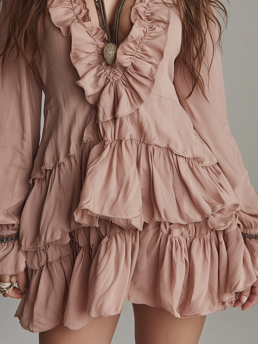 Bohemian Style Poplin Mini Dress With Ruffled Details - Image 3
