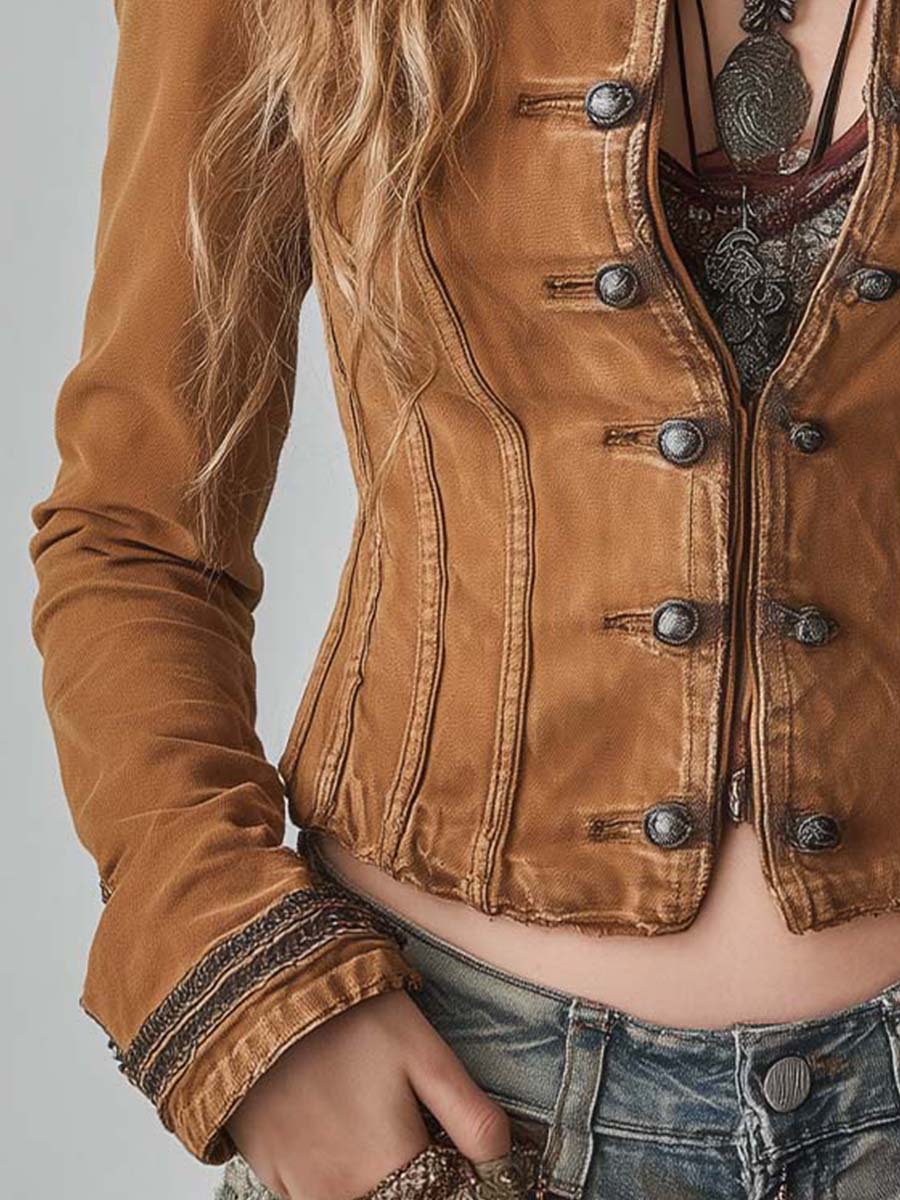 Bohemian Style Practical Washed Double-breasted Short Jacket - Image 5