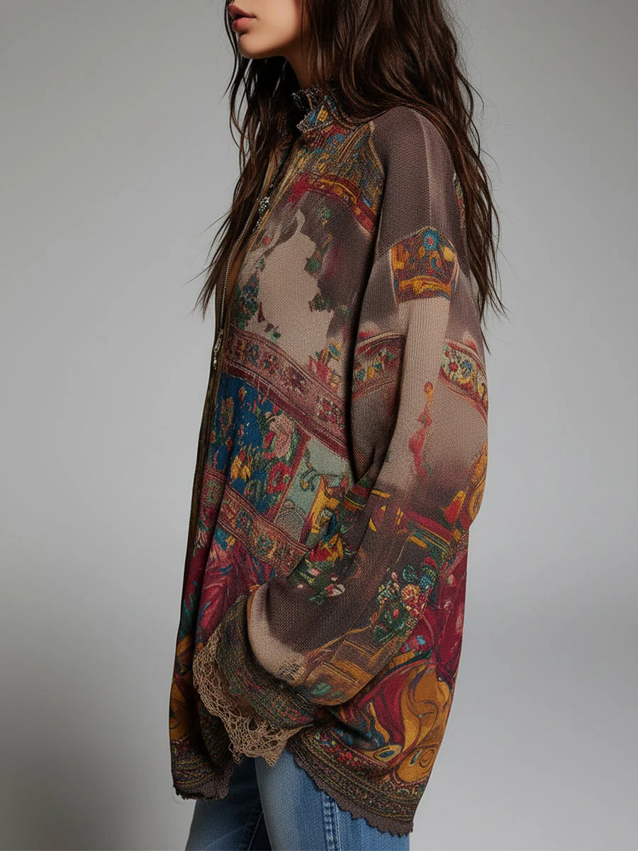 Bohemian-style Printed Blouse With A Front Zipper And Lace Trim - Image 2
