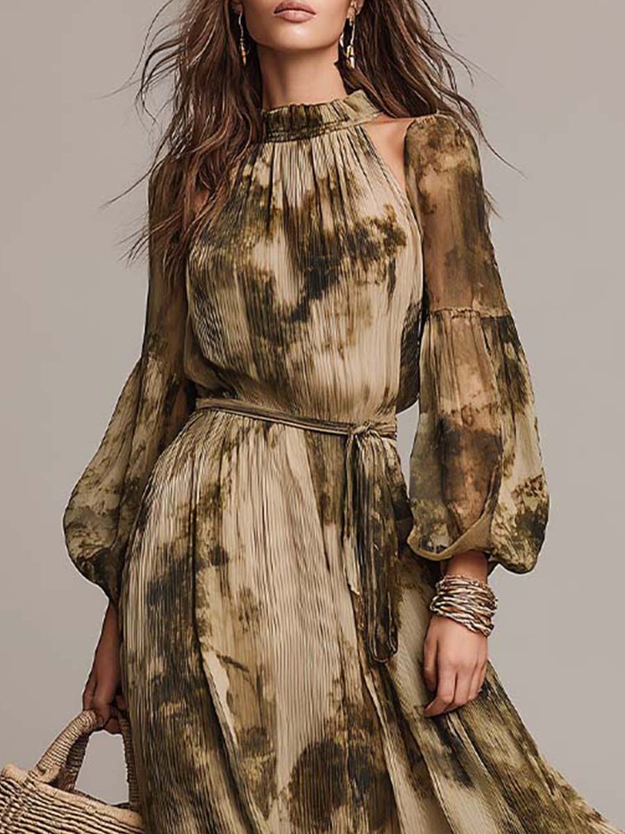 Bohemian-style Printed Pleated Chiffon Maxi Dress With A Tie-waist Belt. - Image 2