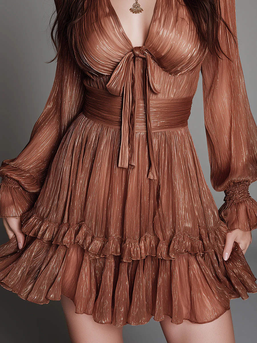 Bohemian Style Shimmering Chiffon Pleated Mini Dress With Ruffled Hem - Image 3