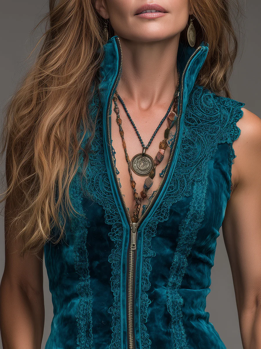 Bohemian Style Stand-collar Vest With Front Zipper And Lace Trim - Image 4