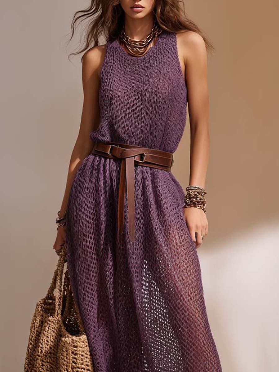 Bohemian Vacation Textured Open-Knit Sleeveless Maxi Dress With Waist Belt - Image 2