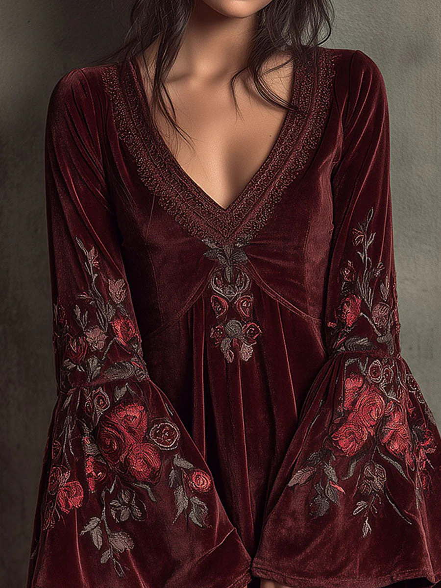 Boho Bell-Sleeve Burgundy Velvet Embroidered Mini Dress - Image 3