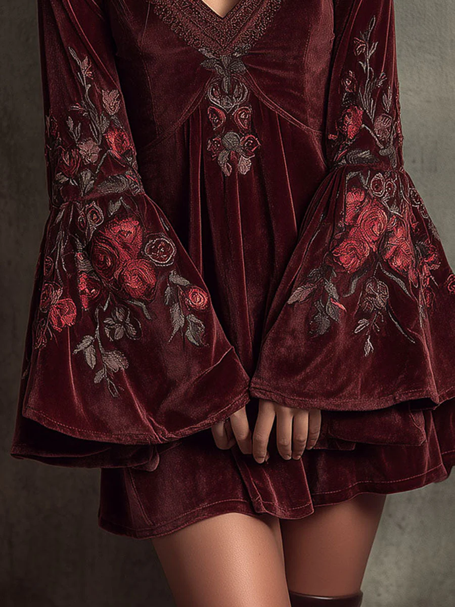 Boho Bell-Sleeve Burgundy Velvet Embroidered Mini Dress - Image 4