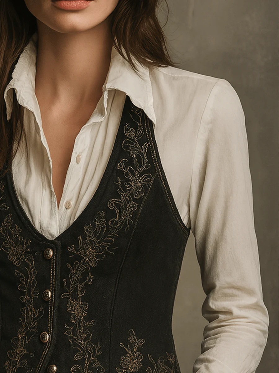 Boho Black Embroidered Velvet Waistcoat - Image 2