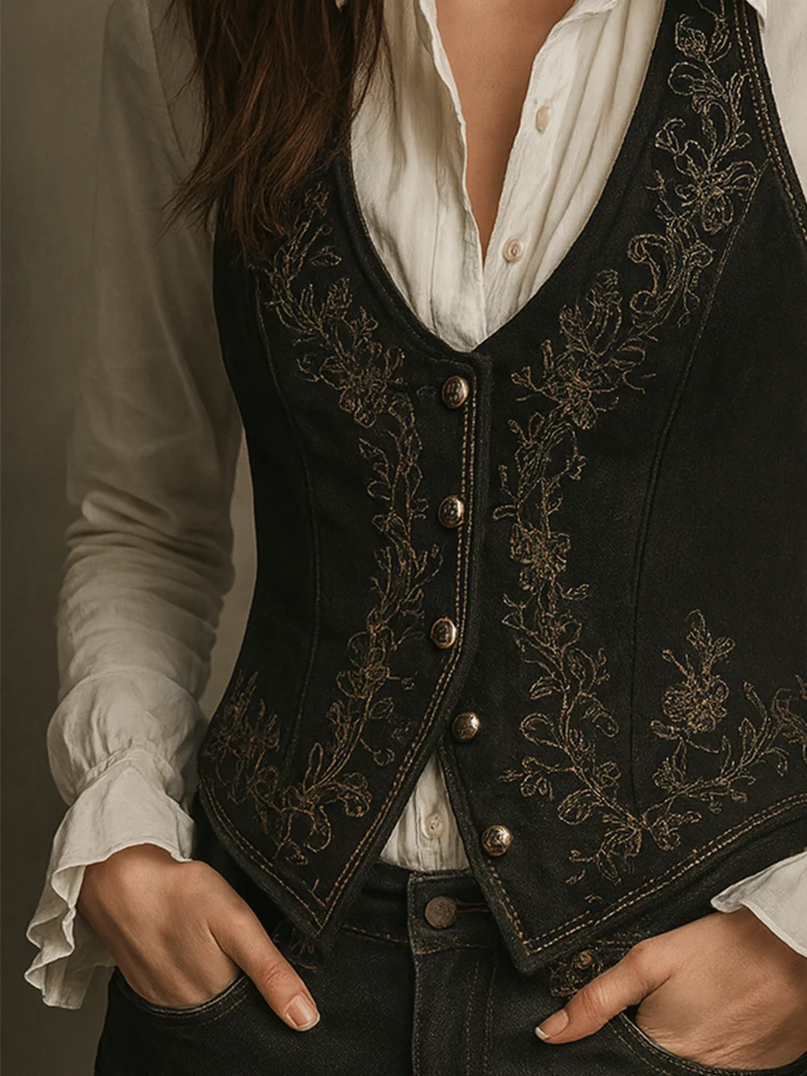 Boho Black Embroidered Velvet Waistcoat - Image 3