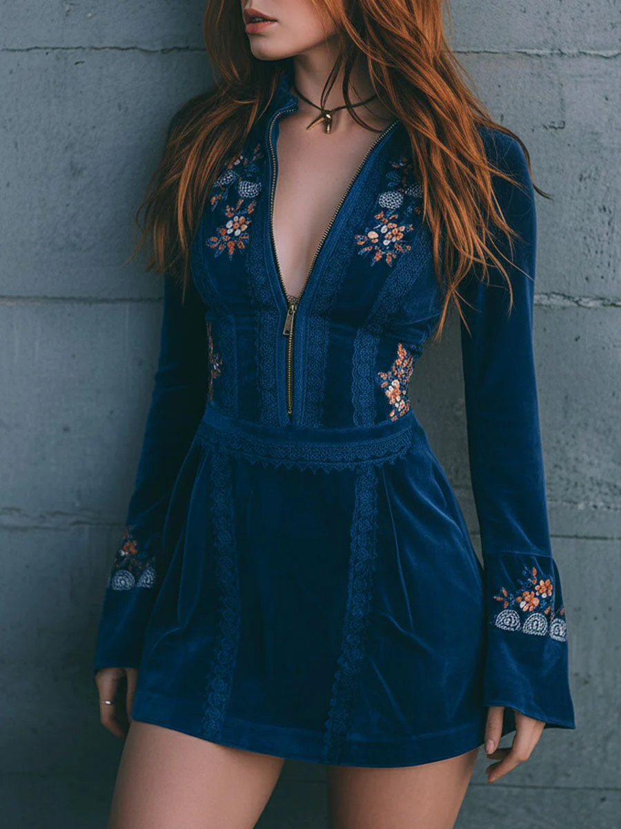 Boho Blue Velvet Zipper Front Lace Trim Embroidered Mini Dress - Image 2