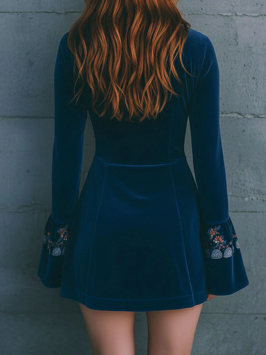 Boho Blue Velvet Zipper Front Lace Trim Embroidered Mini Dress - Image 5
