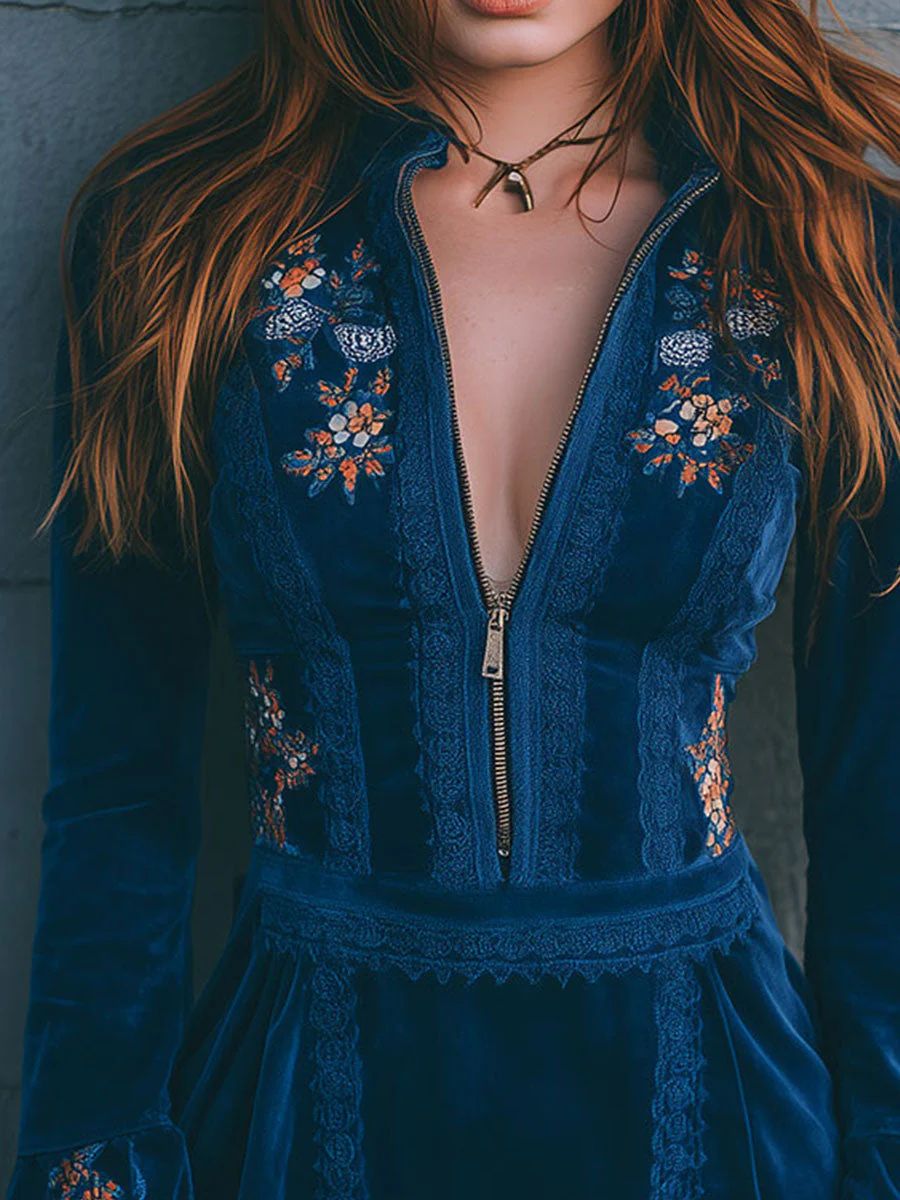 Boho Blue Velvet Zipper Front Lace Trim Embroidered Mini Dress - Image 6