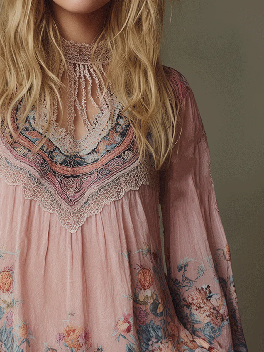 Boho Blush Pink Floral Lace Peasant Blouse - Image 2