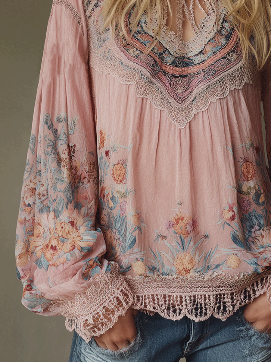 Boho Blush Pink Floral Lace Peasant Blouse - Image 3