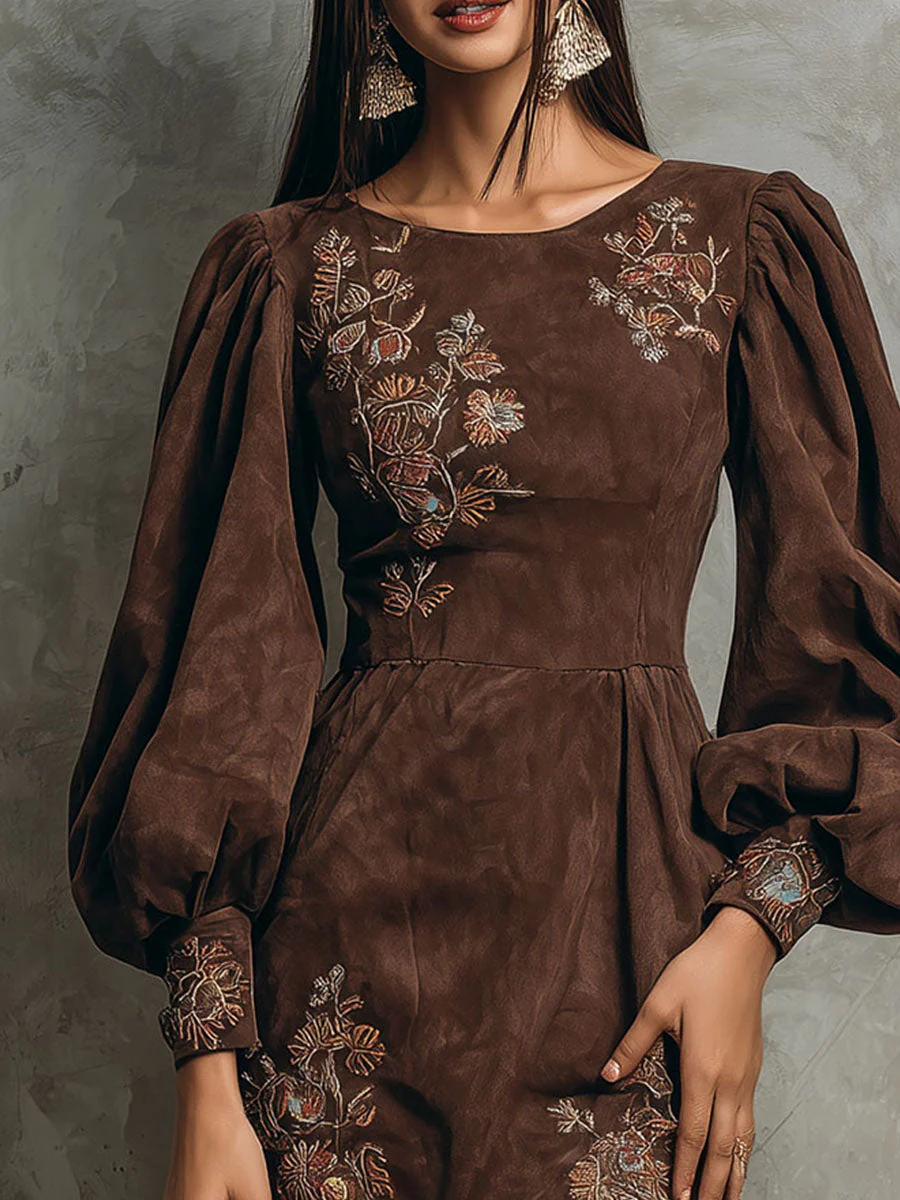 Boho Brown Puff Sleeve Floral Embroidered Suede Mini Dress - Image 2