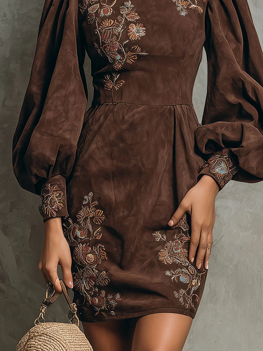 Boho Brown Puff Sleeve Floral Embroidered Suede Mini Dress - Image 3
