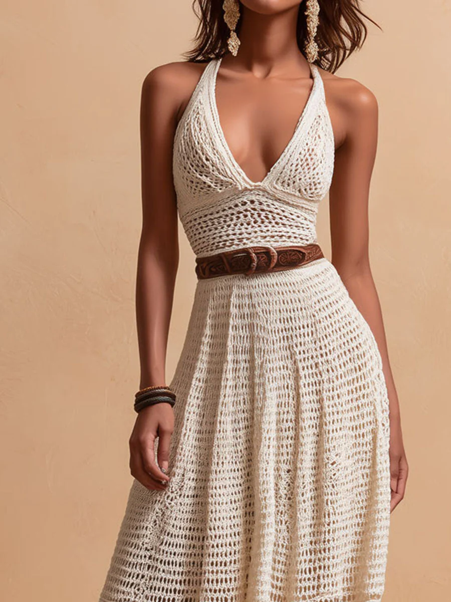 Boho Chic Ivory Crochet Halter Maxi Dress With Waist Belt - Image 2