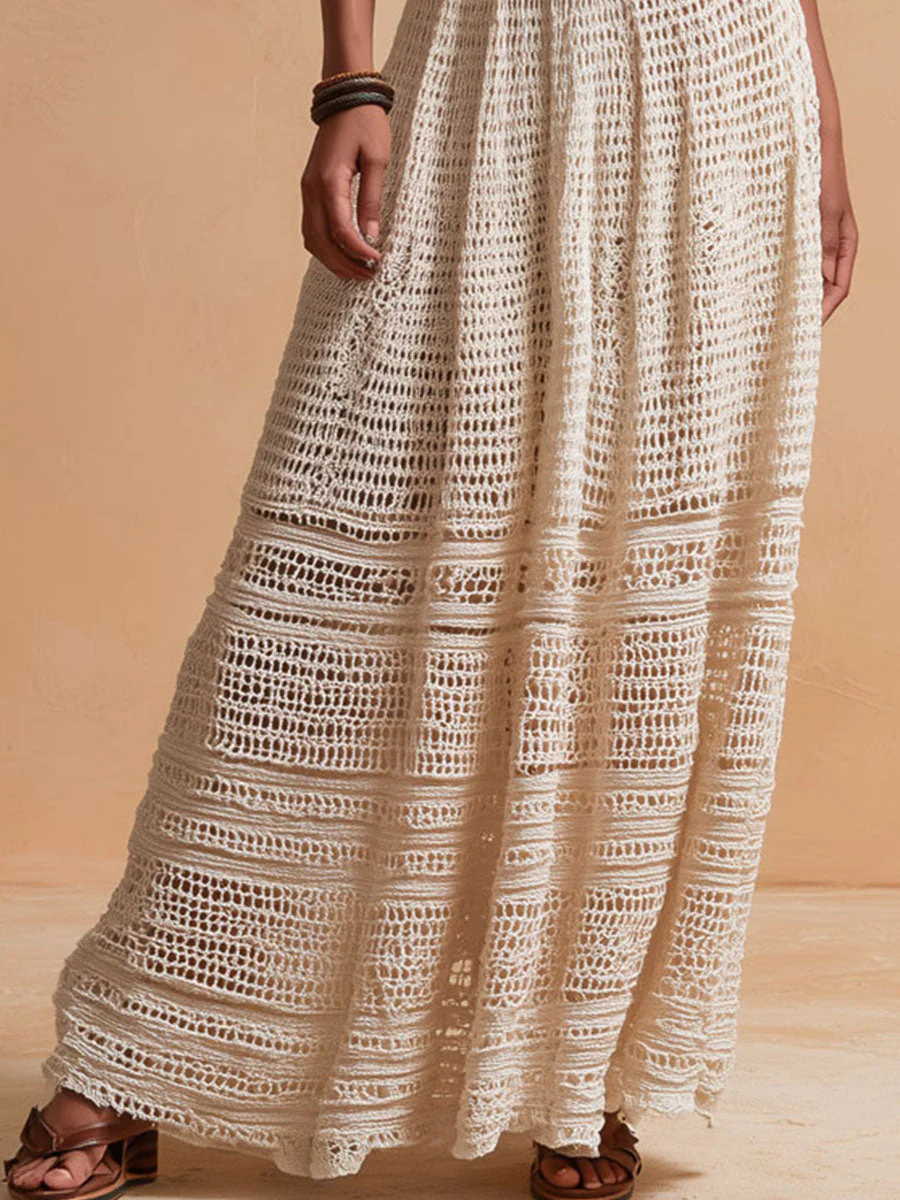 Boho Chic Ivory Crochet Halter Maxi Dress With Waist Belt - Image 3