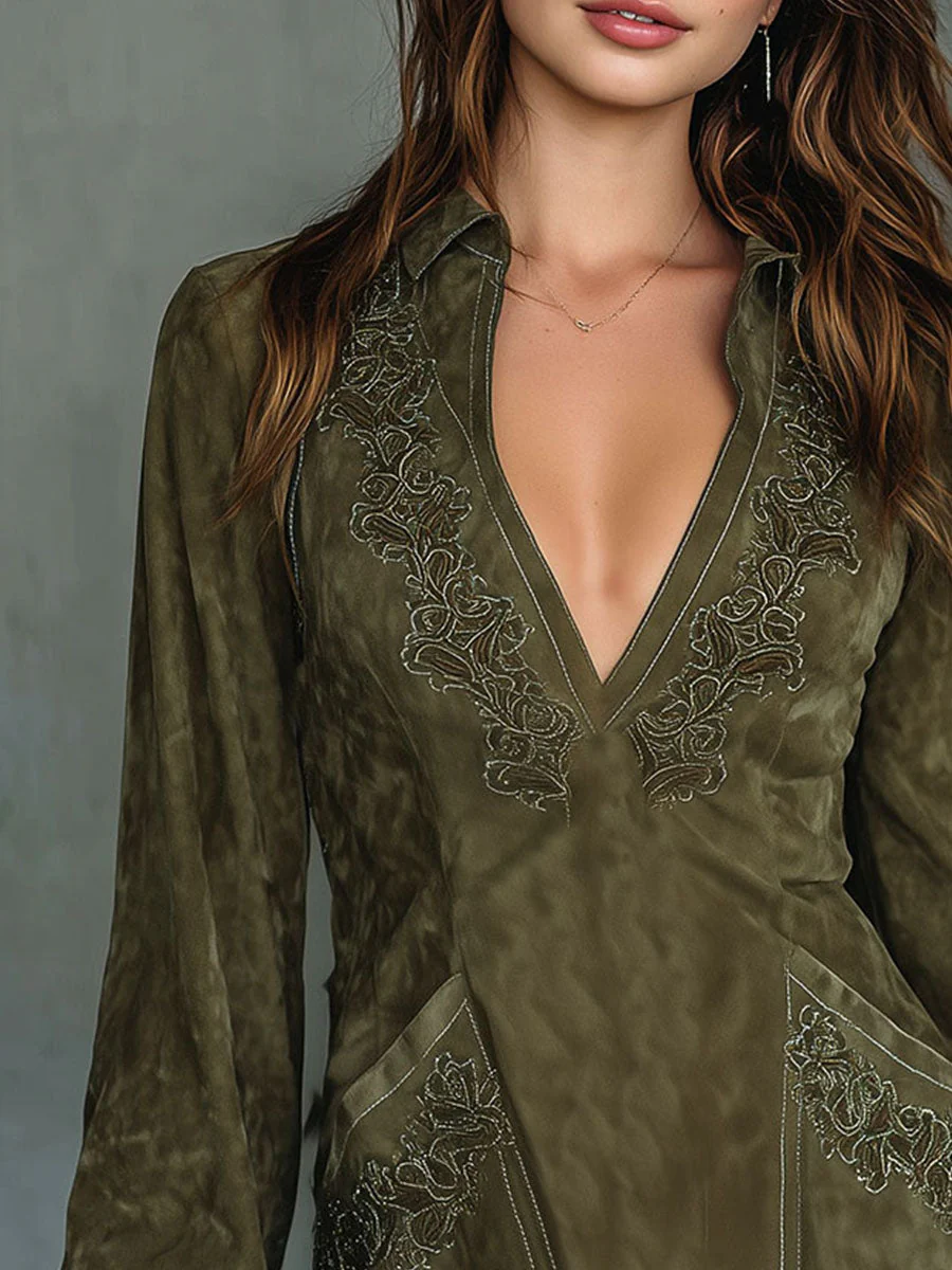Chic Olive Green Embroidered Microsuede Mini Dress With Pockets - Image 2