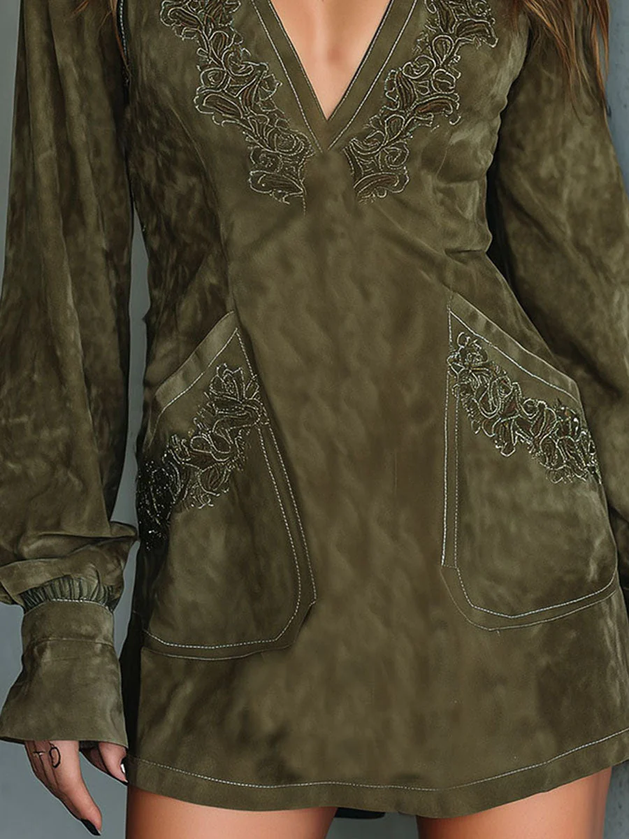 Chic Olive Green Embroidered Microsuede Mini Dress With Pockets - Image 3