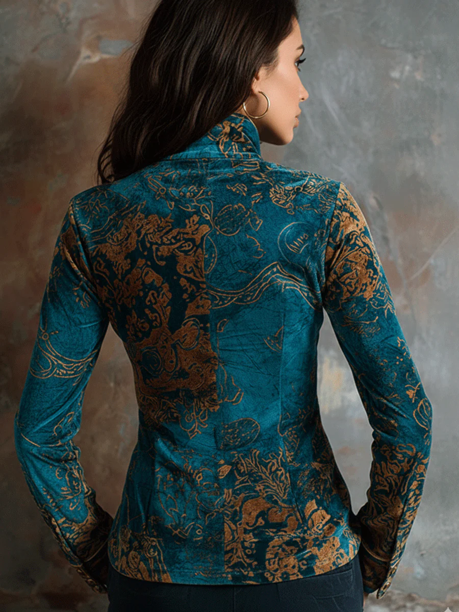 Boho Chic Vintage Peacock Blue Velvet Golden Print Fit Blouse - Image 2
